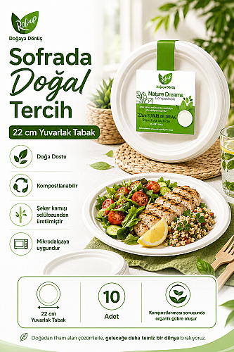 Roll-Up Doğa Dostu Kompostlanabilir Şeker Kamışı Yuvarlak Tek Kullanımlık Tabak 22 cm 10 Adet - 2