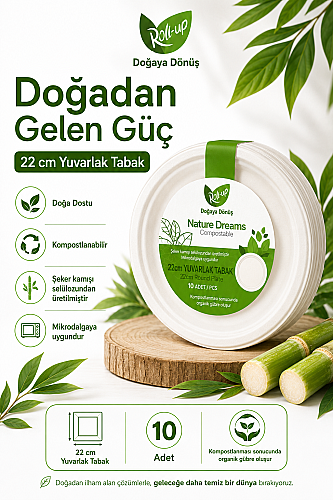Roll-Up Doğa Dostu Kompostlanabilir Şeker Kamışı Yuvarlak Tek Kullanımlık Tabak 22 cm 10 Adet - 4