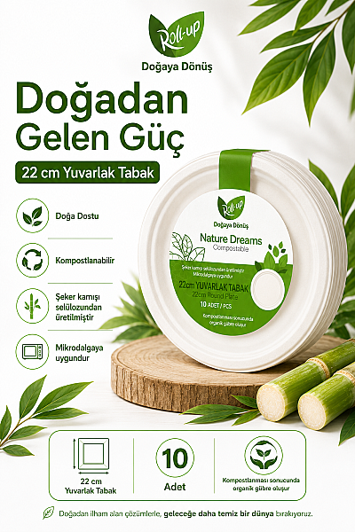 Roll-Up Doğa Dostu Kompostlanabilir Şeker Kamışı Yuvarlak Tek Kullanımlık Tabak 22 cm 10 Adet - 4