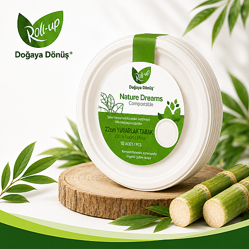 Roll-Up Doğa Dostu Kompostlanabilir Şeker Kamışı Yuvarlak Tek Kullanımlık Tabak 22 cm 10 Adet - Roll-up
