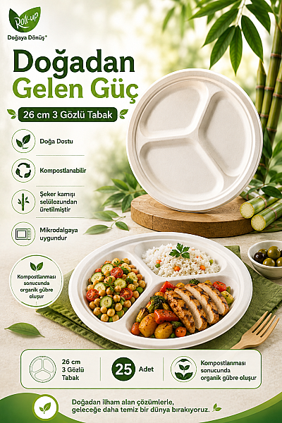 Roll-Up Doğa Dostu Kompostlanabilir Şeker Kamışı 3 Gözlü Tek Kullanımlık Tabak 26 cm 10 Adet - 2