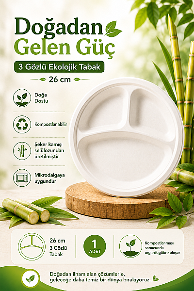 Roll-Up Doğa Dostu Kompostlanabilir Şeker Kamışı 3 Gözlü Tek Kullanımlık Tabak 26 cm 10 Adet - 3