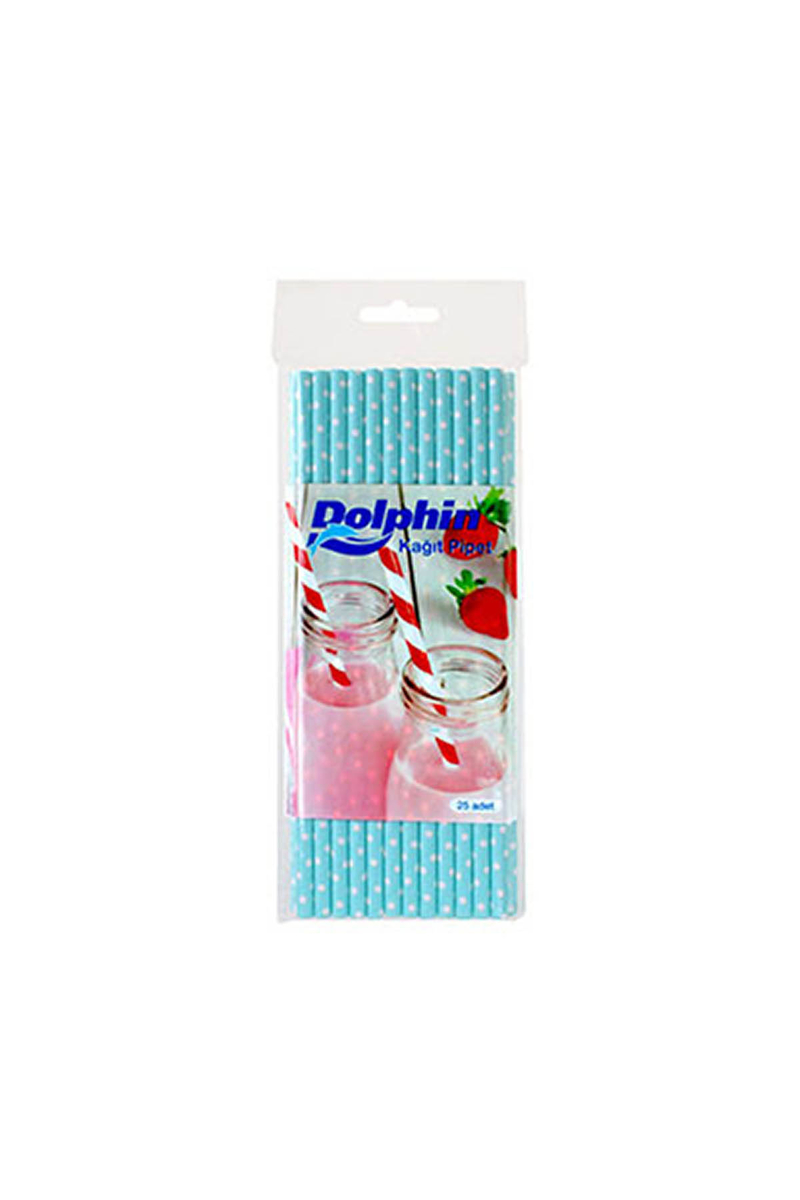 Dolphin Kağıt Pipet Beyaz Puantiyeli Açık Mavi 20cm 25li - 1
