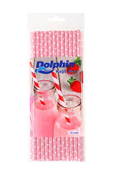 Dolphin Kağıt Pipet Beyaz Puantiyeli Pembe 20cm 25li - 1