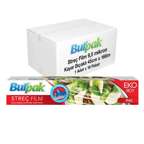Burpak Kayar Bıçak Hediyeli Streç Film 45cm x 166m 10mic x 16 Paket (Koli) - Burpak