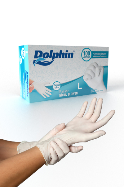 Dolphin Beyaz Nitril Eldiven Pudrasız (L) 100lü Paket - 1