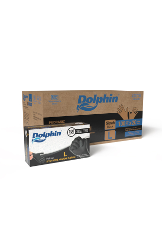 Dolphin Siyah Çok Amaçlı Nitril Muayene Eldiveni L Beden | 20 Paket Koli - MDR - Dolphin