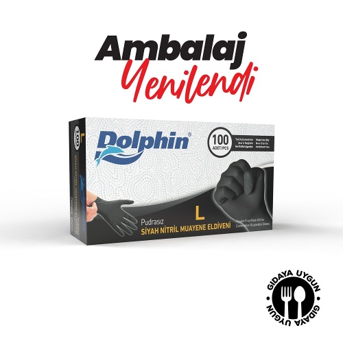 Dolphin Siyah Çok Amaçlı Nitril Muayene Eldiveni L Beden | 20 Paket Koli - MDR - 2