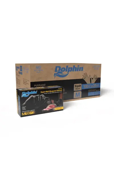 Dolphin Siyah Çok Amaçlı Nitril Muayene Eldiveni M Beden | 20 Paket Koli - MDR - 1