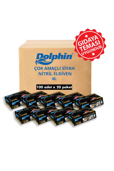 Dolphin Siyah Çok Amaçlı Nitril Muayene Eldiveni XL Beden | 20 Paket Koli - MDR - 4