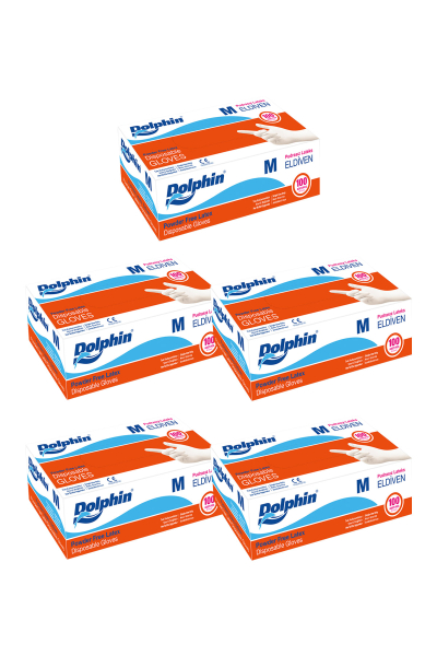 Dolphin Beyaz Lateks Eldiven Pudrasız (M) 100lü Paket 5 Adet - 1