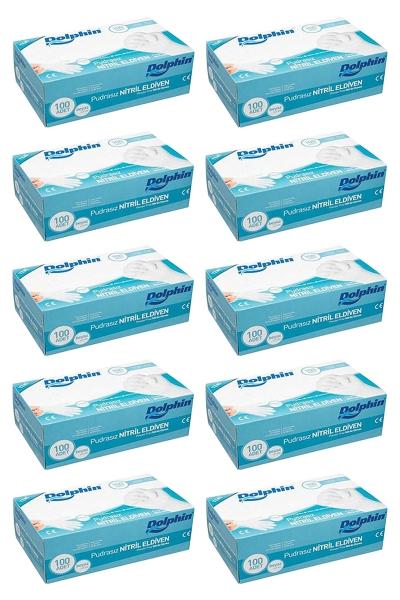 Dolphin Beyaz Nitril Eldiven Pudrasız (M) 100lü Paket 10 Adet - 1