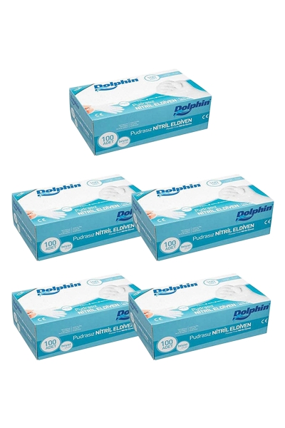 Dolphin Beyaz Nitril Eldiven Pudrasız (M) 100lü Paket 5 Adet - 1