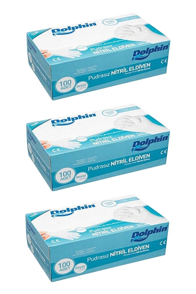 Dolphin Beyaz Nitril Eldiven Pudrasız (S) 100lü Paket 3 Adet - 1