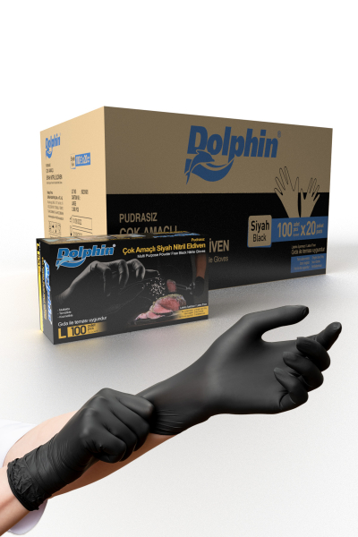 Dolphin Çok Amaçlı Siyah Nitril Eldiven L 100 Adet x 20 Paket - Koli - 1