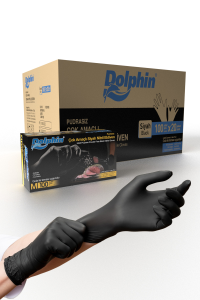 Dolphin Çok Amaçlı Siyah Nitril Eldiven M 100 Adet x 20 Paket - Koli - 1