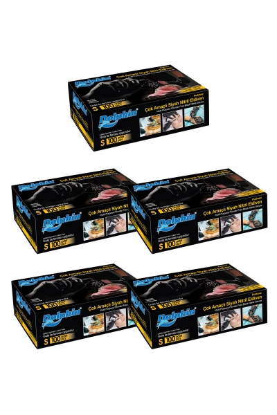 Dolphin Çok Amaçlı Siyah Nitril Eldiven (S) 100lü Paket 5 Adet (Gıdaya Uygun) - 1