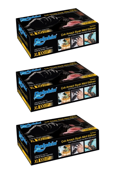 Dolphin Çok Amaçlı Siyah Nitril Eldiven (XL) 100lü Paket 3 Adet (Gıdaya Uygun) - 1