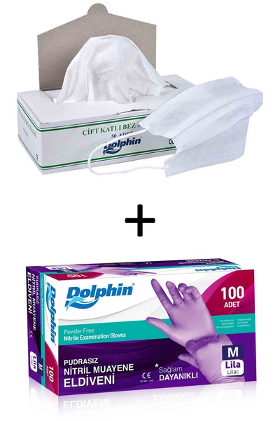 Dolphin Lila Nitril Eldiven (M) + Çift Katlı Bez Maske Set 150 Parça - 1