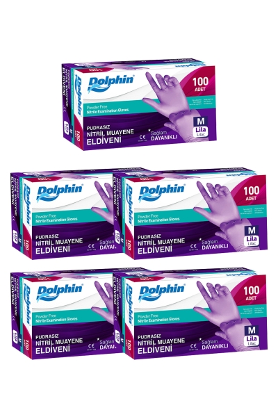 Dolphin Lila Nitril Eldiven Pudrasız (M) 100lü Paket 5 Adet - 1