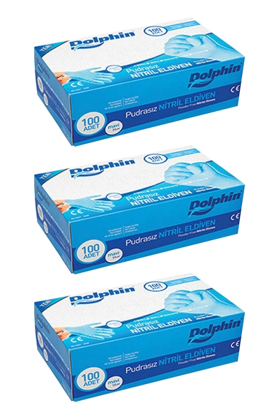 Dolphin Mavi Nitril Eldiven Pudrasız (L) 100lü Paket 3 Adet - 1