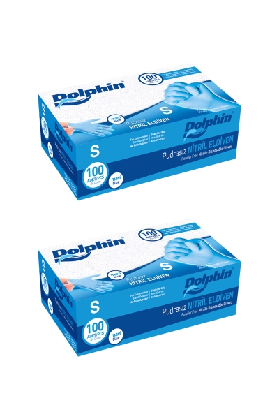 Dolphin Mavi Nitril Eldiven Pudrasız (S) 100lü Paket 2 Adet - 1