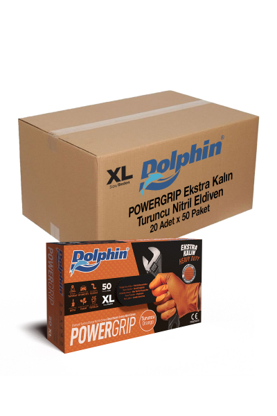 Dolphin PowerGrip Ekstra Kalın Turuncu Nitril Eldiven Elmas Dokulu XL 50 Adet x 20 Paket - Koli - 1