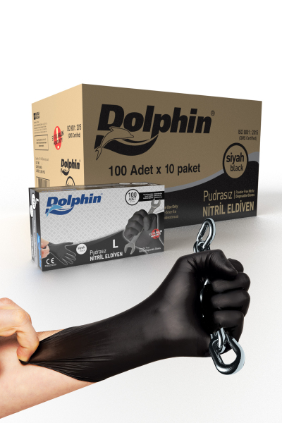 Dolphin Siyah Nitril Eldiven Pudrasız Ekstra Kalın L 100 Adet x 10 Paket - Koli - 1