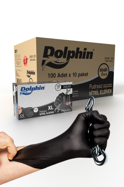 Dolphin Siyah Nitril Eldiven Pudrasız Ekstra Kalın XL 100 Adet x 10 Paket - Koli - 1