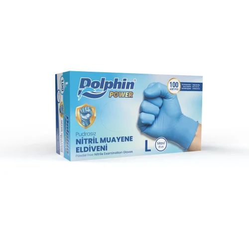 Dolphin Nitril Muayene Eldiveni Pudrasız Kalın Mavi L Beden 100 Adet-M - 1