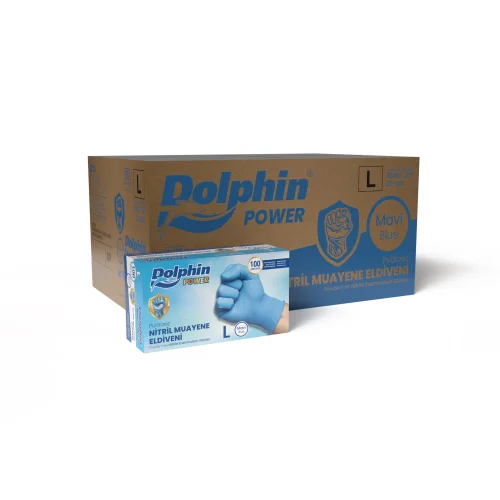Dolphin Nitril Muayene Eldiveni Pudrasız Kalın Mavi L Beden 100 Adet x 20 Paket-Koli - 1