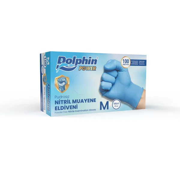 Dolphin Nitril Muayene Eldiveni Pudrasız Kalın Mavi M Beden 100 Adet-M - 1