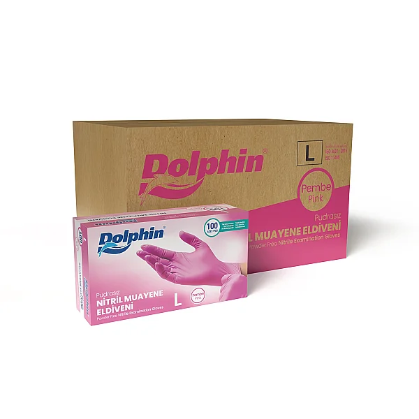 Dolphin Pembe Nitril Muayene Eldiveni L Beden 100’lü Kutu | 20 Paket - Koli - 1