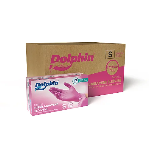 Dolphin Pembe Nitril Muayene Eldiveni S Beden 100’lü Kutu | 20 Paket - Koli - Dolphin