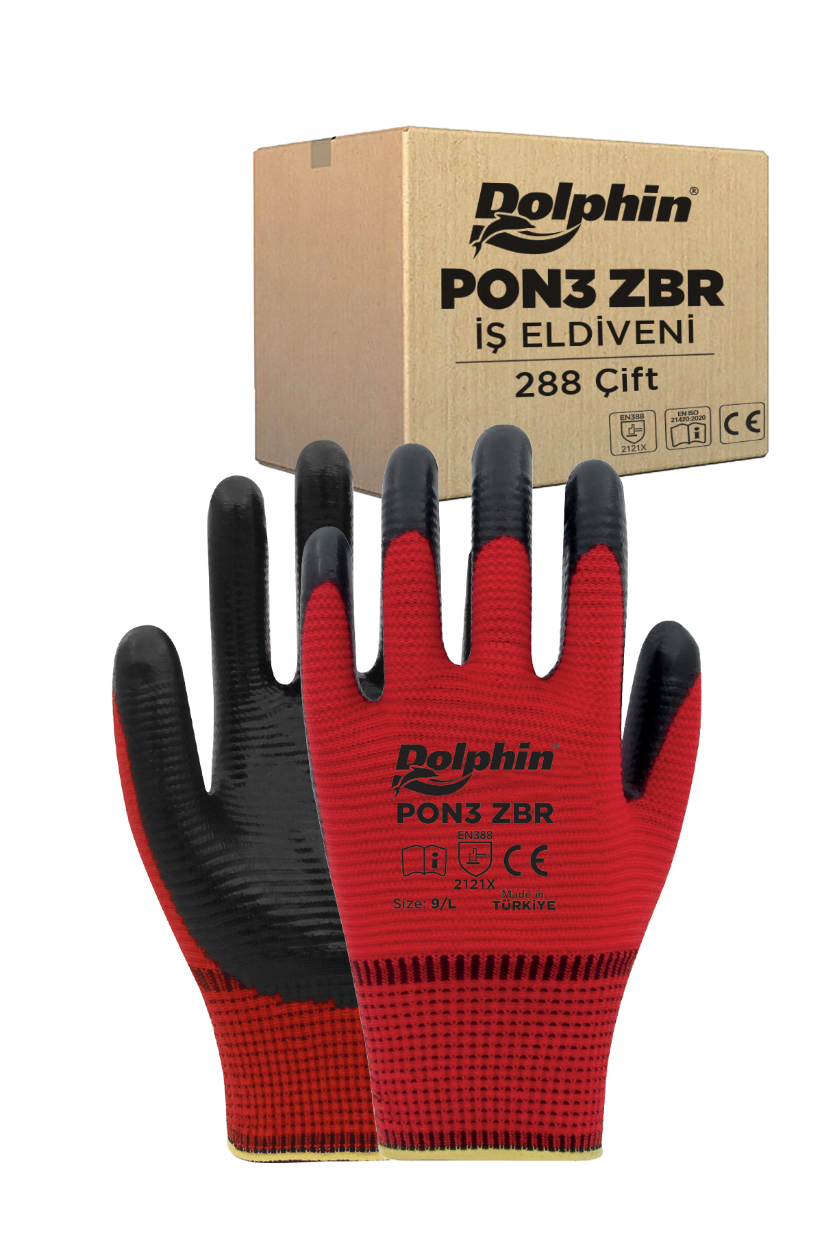 Dolphin Polyester Nitril İş Eldiveni Kırmızı/siyah Pon3 Zbr 9-l 288 Çift - Koli