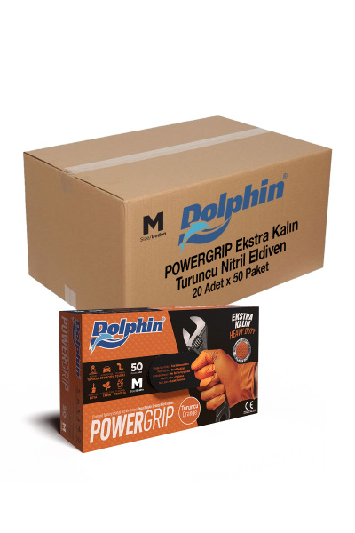 Dolphin PowerGrip Ekstra Kalın Turuncu Nitril Eldiven Elmas Dokulu M 50 Adet x 20 Paket - Koli - 6