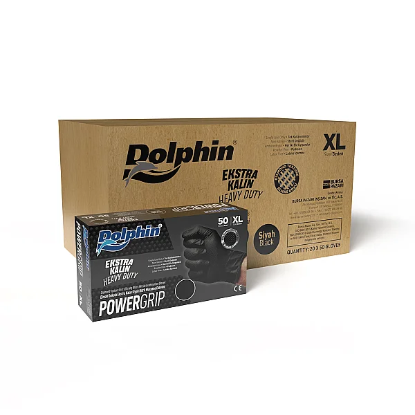Dolphin PowerGrip Nitril Eldiven Ekstra Kalın Siyah XL Beden 50 Adet x 20 Paket - Koli - 1