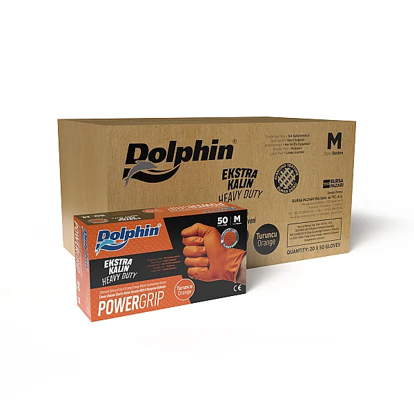 Dolphin PowerGrip Nitril Eldiven Ekstra Kalın Turuncu M Beden 50 Adet x 20 Paket - Koli - 1