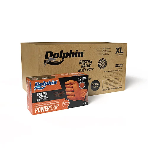 Dolphin PowerGrip Nitril Eldiven Ekstra Kalın Turuncu XL Beden 50 Adet x 20 Paket - Koli - Dolphin