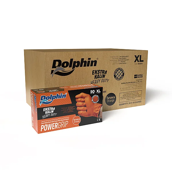 Dolphin PowerGrip Nitril Eldiven Ekstra Kalın Turuncu XL Beden 50 Adet x 20 Paket - Koli - 1