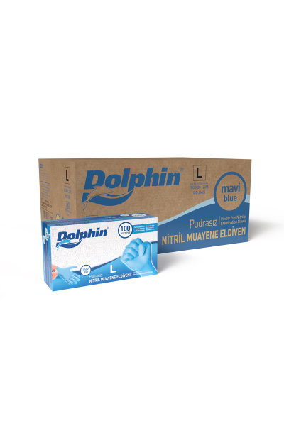 Dolphin Pudrasız Mavi Nitril Muayene Eldiveni L Beden 100 Adet x 20 Paket - MDR - Koli - 1