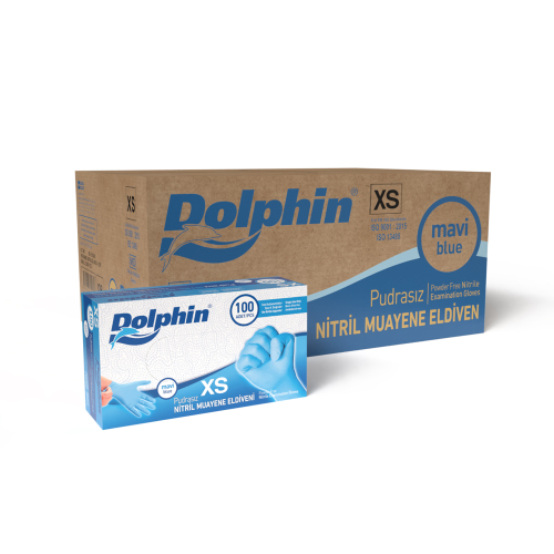 Dolphin Pudrasız Nitril Eldiven Mavi XS Beden 100 Adet | 20 Paket - Koli - Dolphin