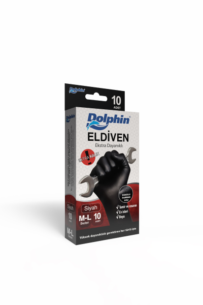 Dolphin Siyah Nitril Eldiven Pudrasız Ekstra Kalın (L) 10lu Paket - 1