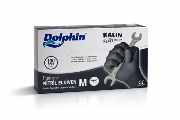 Dolphin Siyah Nitril Eldiven Pudrasız Ekstra Kalın M Beden 100 Adet (%20 KDV'li) - 1
