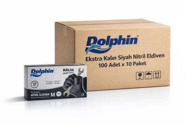 Dolphin Siyah Nitril Eldiven Pudrasız Ekstra Kalın M Beden 100 Adet x 10 Paket (%20 KDV'li) - 1