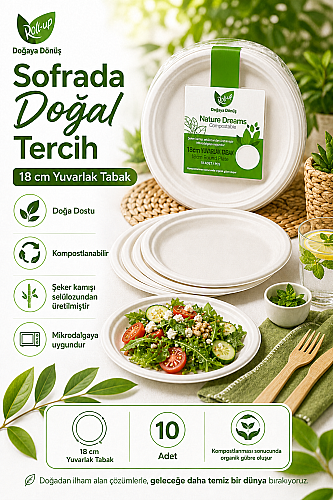 Roll-Up Doğa Dostu Kompostlanabilir Şeker Kamışı Yuvarlak Tek Kullanımlık Tabak 18 cm 10 Adet - 2