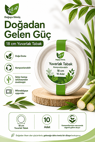 Roll-Up Doğa Dostu Kompostlanabilir Şeker Kamışı Yuvarlak Tek Kullanımlık Tabak 18 cm 10 Adet - 4