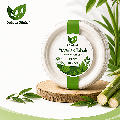 Roll-Up Doğa Dostu Kompostlanabilir Şeker Kamışı Yuvarlak Tek Kullanımlık Tabak 18 cm 10 Adet - Roll-up
