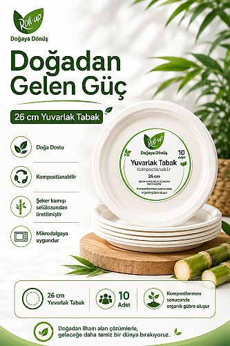 Roll-Up Doğa Dostu Kompostlanabilir Şeker Kamışı Yuvarlak Tek Kullanımlık Tabak 26 cm 10 Adet - 2