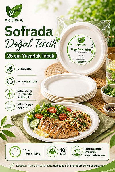 Roll-Up Doğa Dostu Kompostlanabilir Şeker Kamışı Yuvarlak Tek Kullanımlık Tabak 26 cm 10 Adet - 3